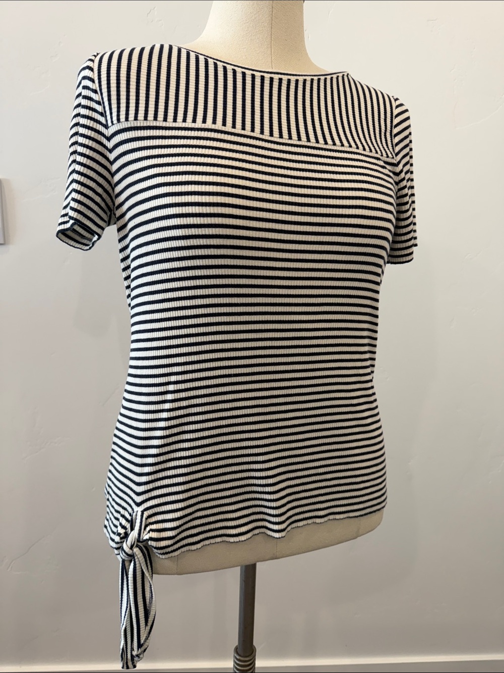 Talbots Black and White Striped Short-Sleeve Top with Side Tie
